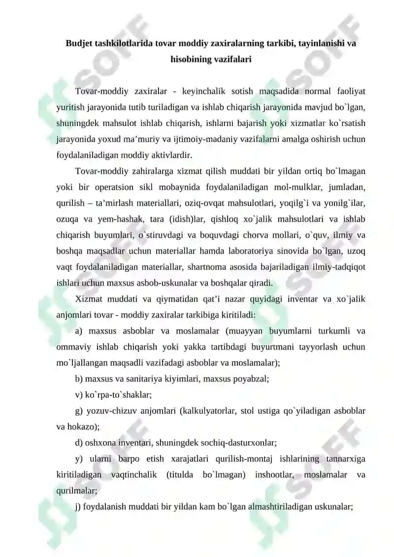 Budjet tashkilotlarida tovar-moddiy zaxiralar hisobi REFERAT 3