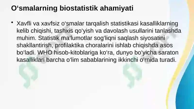 Xavfli va xavfsiz o'smalar biostatistikasi 3