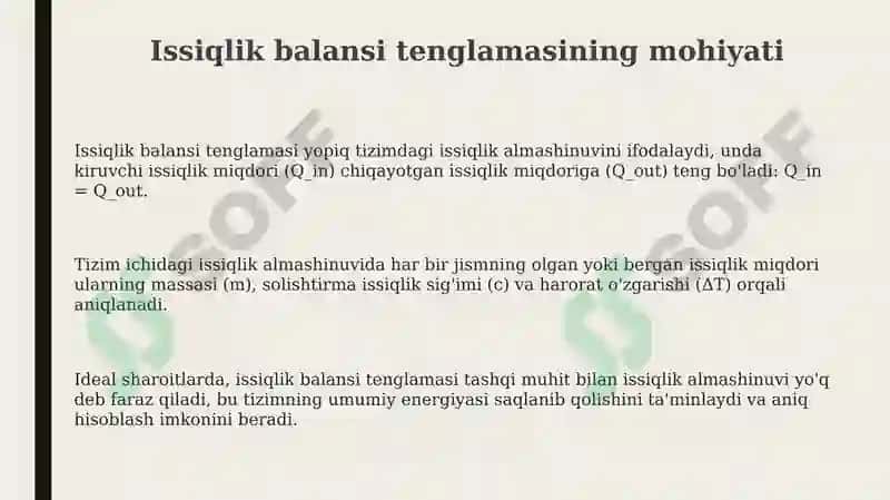 Issiqlik balansi tenglamasi. Termodinamikaning ish tushunchasi. 3