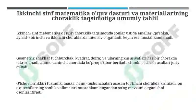 İkkinchi sinf matematika dasturlari va materiallarining choraklar bo'yicha joylashuvi umumiy tahlili 3