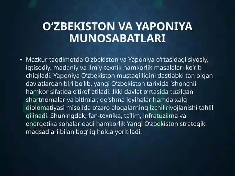 Yangi Oʻzbekiston va Yaponiya munosabatlari 3