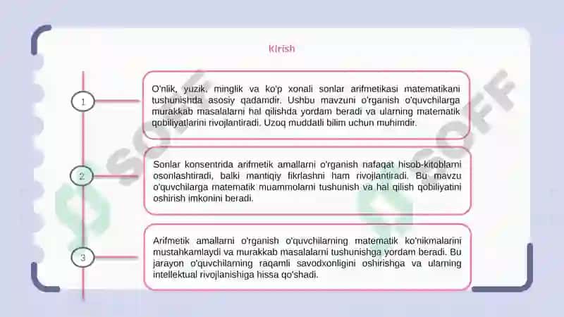 O'nlik, Yuzik, Minglik va Ko'p Xonali Sonlar Konsentrida Arifmetik Amallarni O'rgatishTayyorladi:GʻulomovaSarvinoz 3