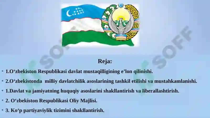 Mustaqil O‘zbekiston Respublikasi tashkil topishining tarixiy ahamiyati. O‘zbekistonda demokratik, fuqarolik jamiyati asoslarining shakllanishi, amalga oshirilgan siyosiy islohotlar 3