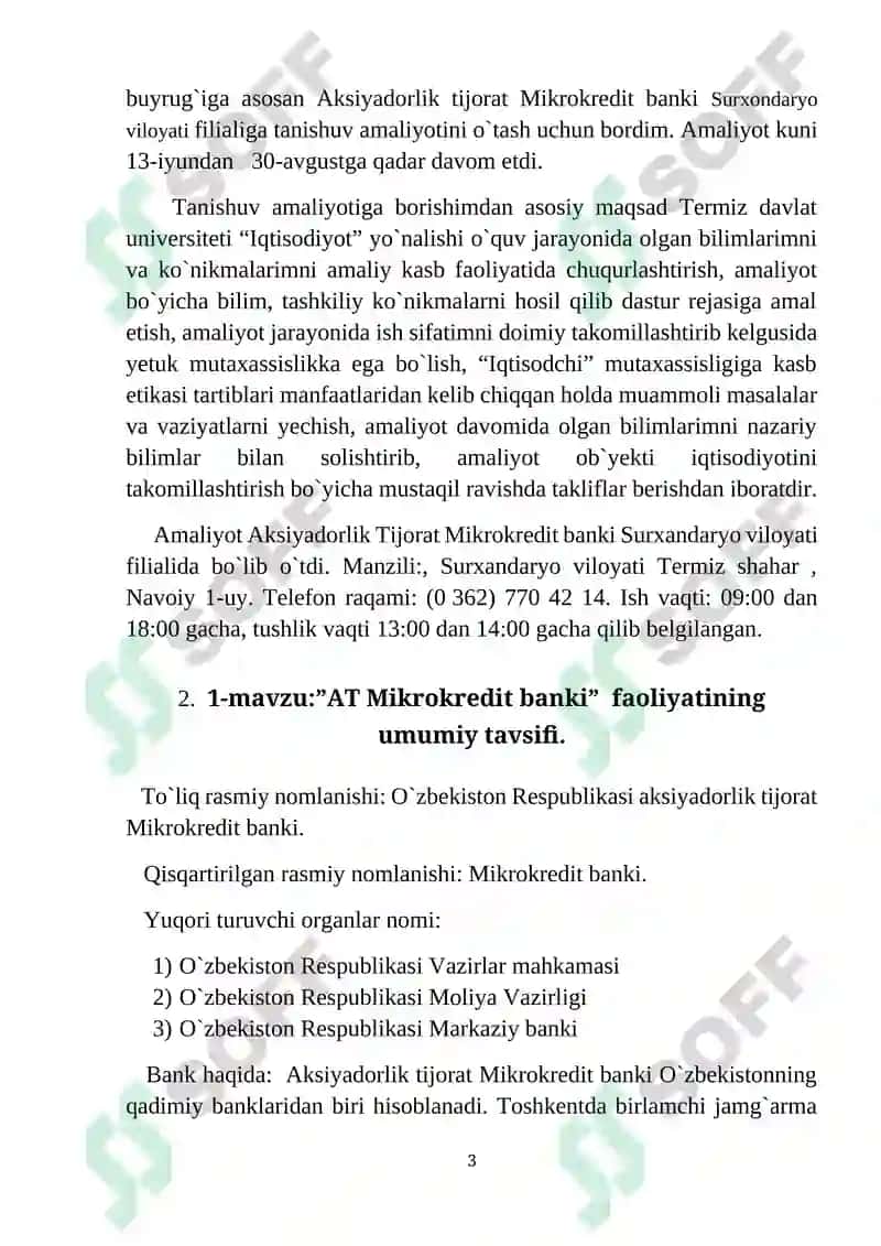 Aksiyadorlik tijorat Mikrokredit banki amaliyot bo`yicha hisobot 3