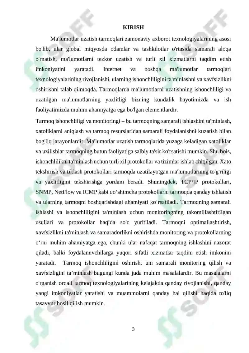 Ma'lumotlar uzatish tarmoqlarining ishonchlilik ko`rsatkichlariga talablar va ularni oshirish usullari. Ma’lumotlar uzatish tarmoqlarida monitoring usullari va protokollari 3