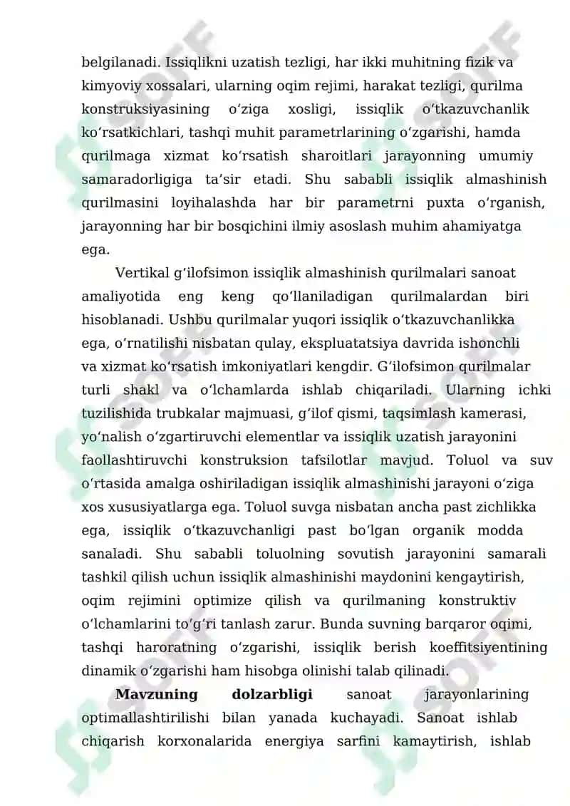 Toluolni suv bilan sovutish uchun vertikal  g'ulofsimon issiqlik almashinish qurulmasini hisoblang  va loyihalang. 3