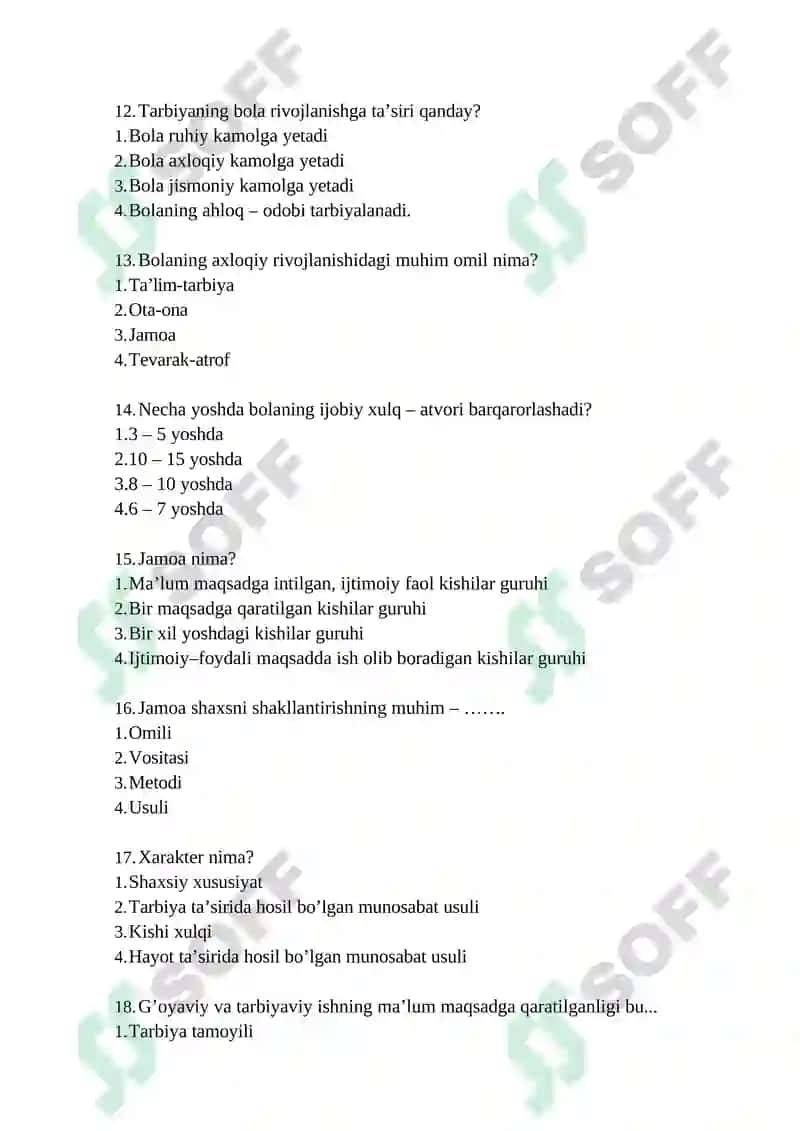 MAKTABGACHA PEDAGOGIKA FANIDAN DAVLAT ATTESTATSIYASI UCHUN TEST SAVOLLAR 3