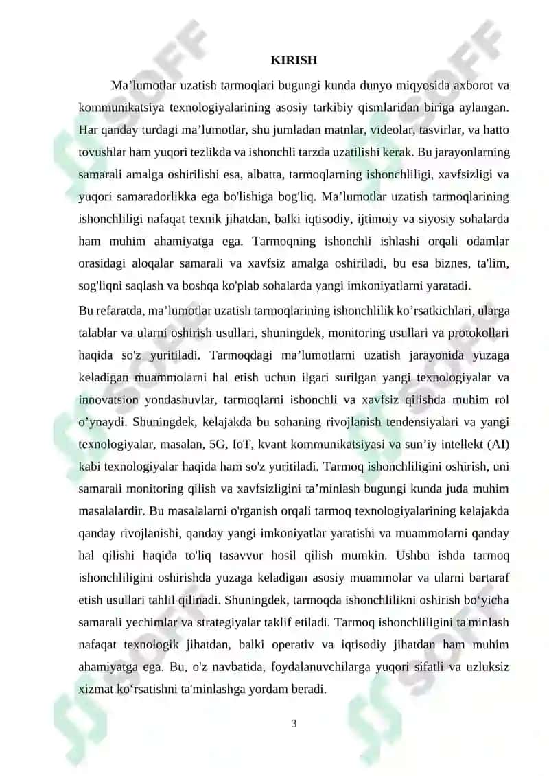 Ma’lumotlar uzatish tarmoqlarining ishonchlilik ko`rsatkichlariga talablar va ularni oshirish usullari. Ma’lumotlar uzatish tarmoqlarida monitoring usullari va protokollari 3