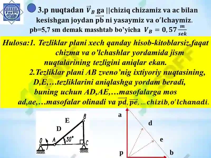 Tezliklar plani va tezlanishlar plani yo’rdamida jism nuqtalarining tezlik va tezlanishini aniqlash 3