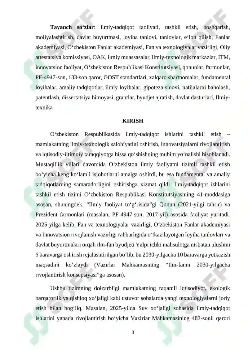 MAVZU: “O’zbekiston Respublikasida ilmiy-tadqiqot ishlarini tashkil etish .” 3