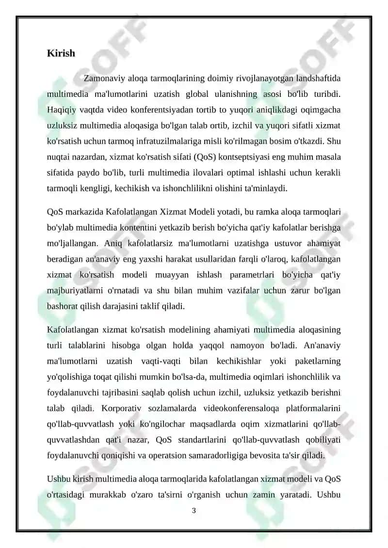 KAFOLATLANGAN XIZMAT MODELI. MULTIMEDIA ALOQA TARMOQLARIDA XIZMAT KO‘RSATISH SIFATI 3