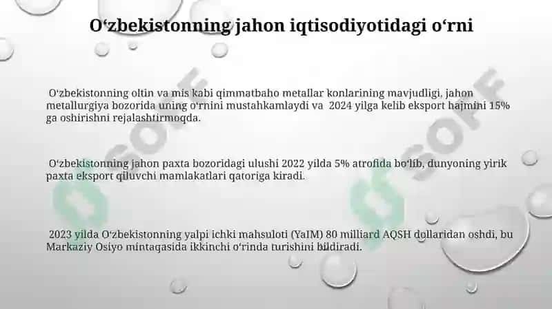 O'zbekiston johon iqtisodiyotni o'rni 3