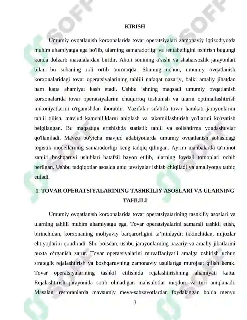 Umumiy ovqatlanish korxonalarida tovar operatsiyalari analizining o'zgachaliklari 3