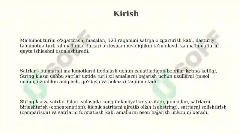 Ma'lumotturlarini o'zgartirish.Satrlarbilanishlash. Stringsinfi 3