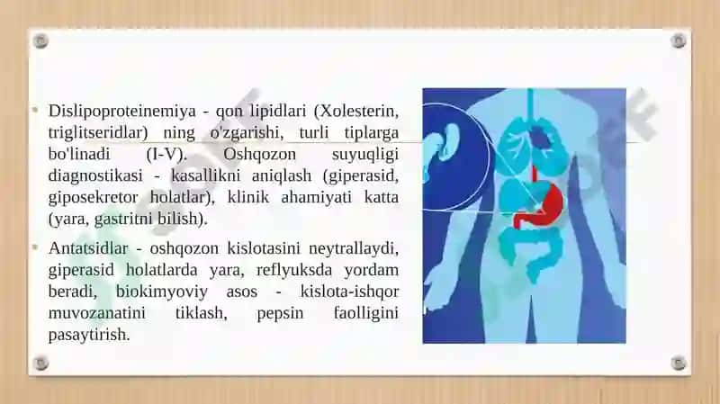DISLIPOPROTENEMIYA TURLARI. OSHQOZON SUYUQLIGI TASHXISINING KLINIK AHAMIYATI. GIPERASID HOLATLAR VA OSHQOZON-ICHAK YARA KASALLIKLARIDA ANTASID PEREPARATLARNI QO'LLASHNING BIOKIMYOVIY ASOSLARI. 3