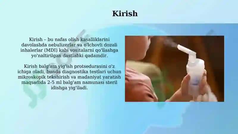 Nafas olish kasalliklari Cho'ntak ingalyatoridan foydalanish Balg'am yig'ish Tufdon dezinfeksiyasi 3