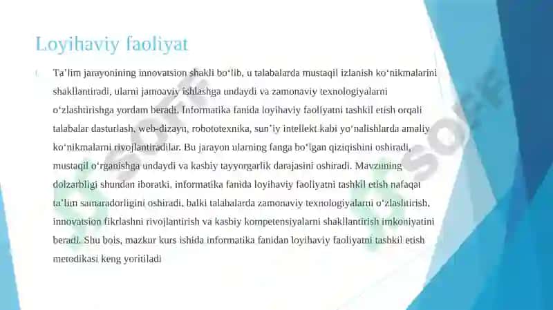 "Informatika fanidan loyihaviy faoliyatni tashkil etish metodikasi" mavzusida taqdimot 3