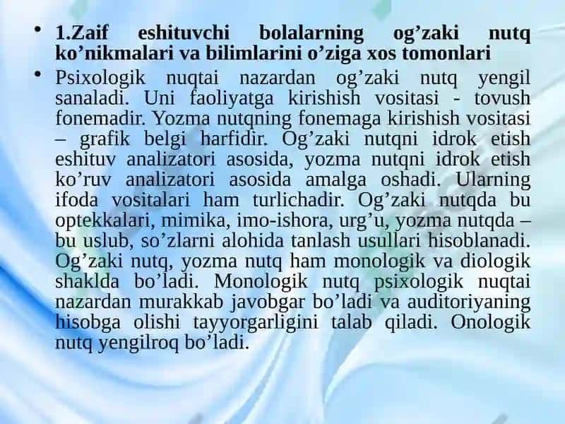 Zaifeshituvchi bolalarning og’zaki nutq ko’nikmalari va bilimlarini o’ziga xostomonlari 3