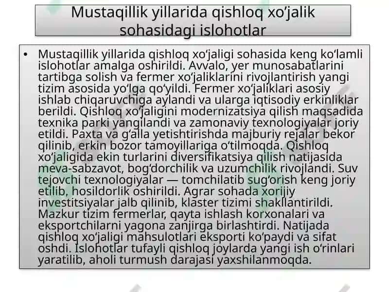 Mustaqillik yillarida qishloq xo'jalik sohasidagi islohotlar 3