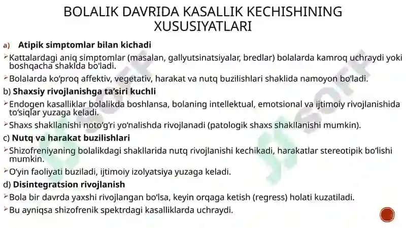 Bolalik va o’smirlik davrida endogen kasalliklarning kechish xususiyatlari 3