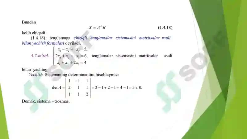 Chiziqli algebraik tenglamalar sistemasini yechishning matritsa usuli 3