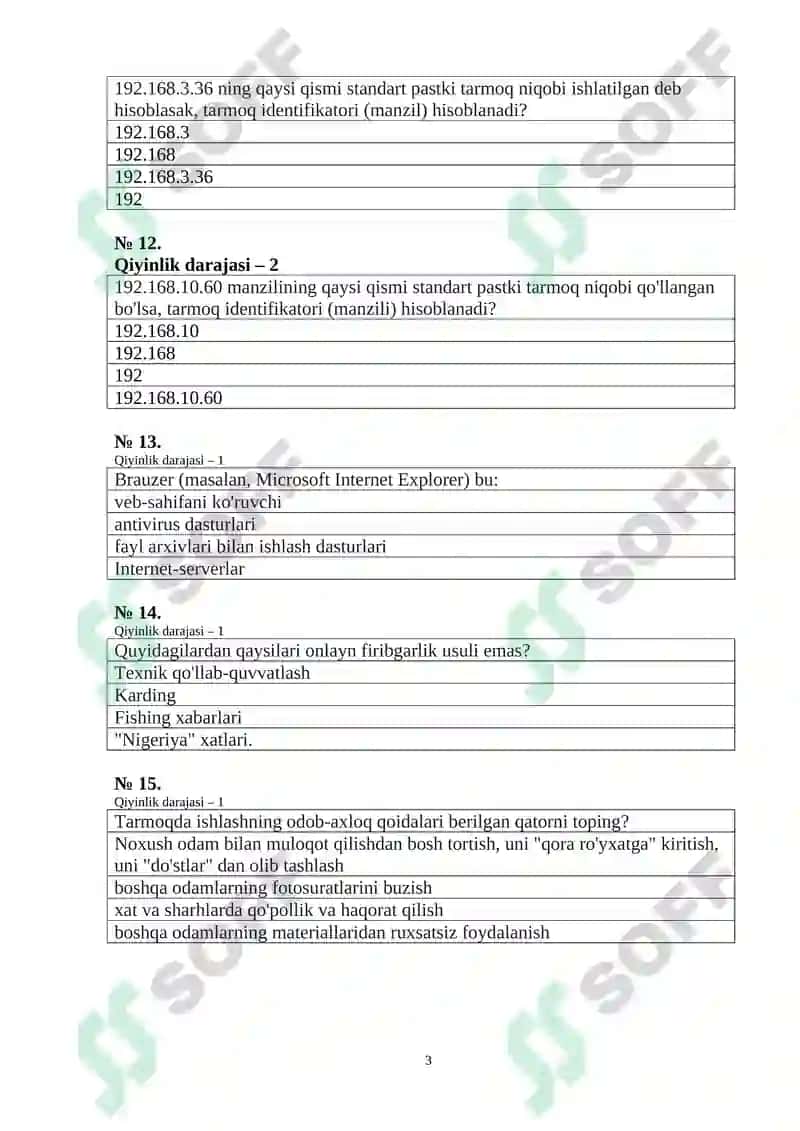 "Tarmoq xavfsizligi" fanidan testlar 3