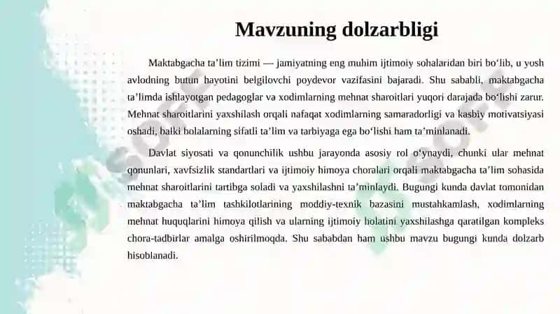 Mehnatsharoitlarini yaxshilashda davlat siyosati va qonunchilikning roli (Maktabgacha ta'lim misolida) 3