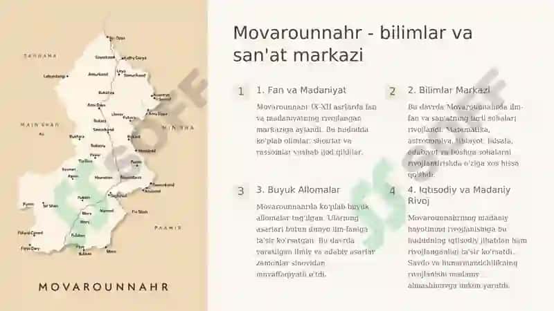 IX-XII asrlarda mamlakatimiz hududida ro'y bergan madaniy uyg'onish (Renessans).Buyuk allomalarning jahon sivilizatsiyasiga qo'shgan hissasi 2 3