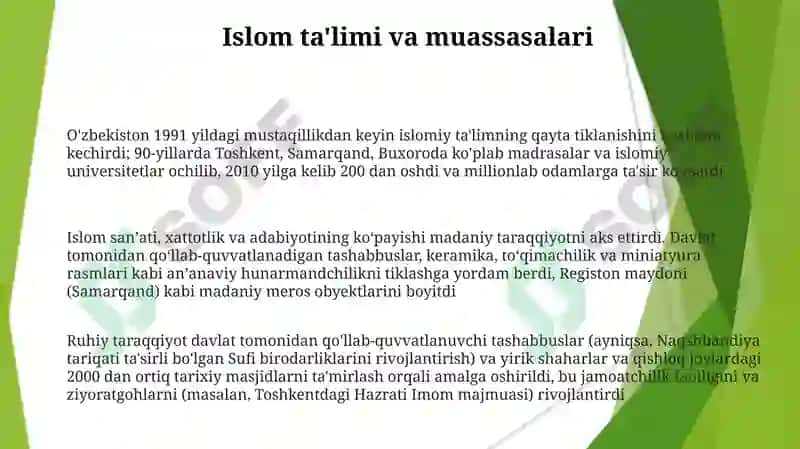 Mustaqillik yillarida Õzbekistondagi ma'naviy va madaniy taraqqiyoti 3