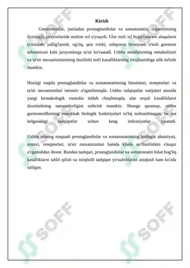Gormonoidlar: Prostaglandinlar va ularning biologik ahamiyati va samatastatin haqida 3