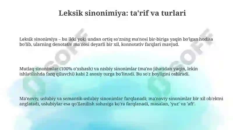 Leksik sinonimiya: ta'rif va turlari 3