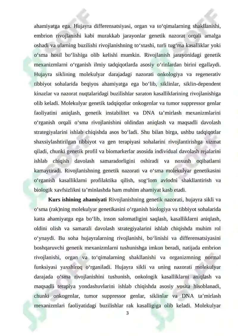 Rivojlanishning genetik nazorati. Hujayra sikli va ósma ( rak) ning molekulyar genetikasi. 3
