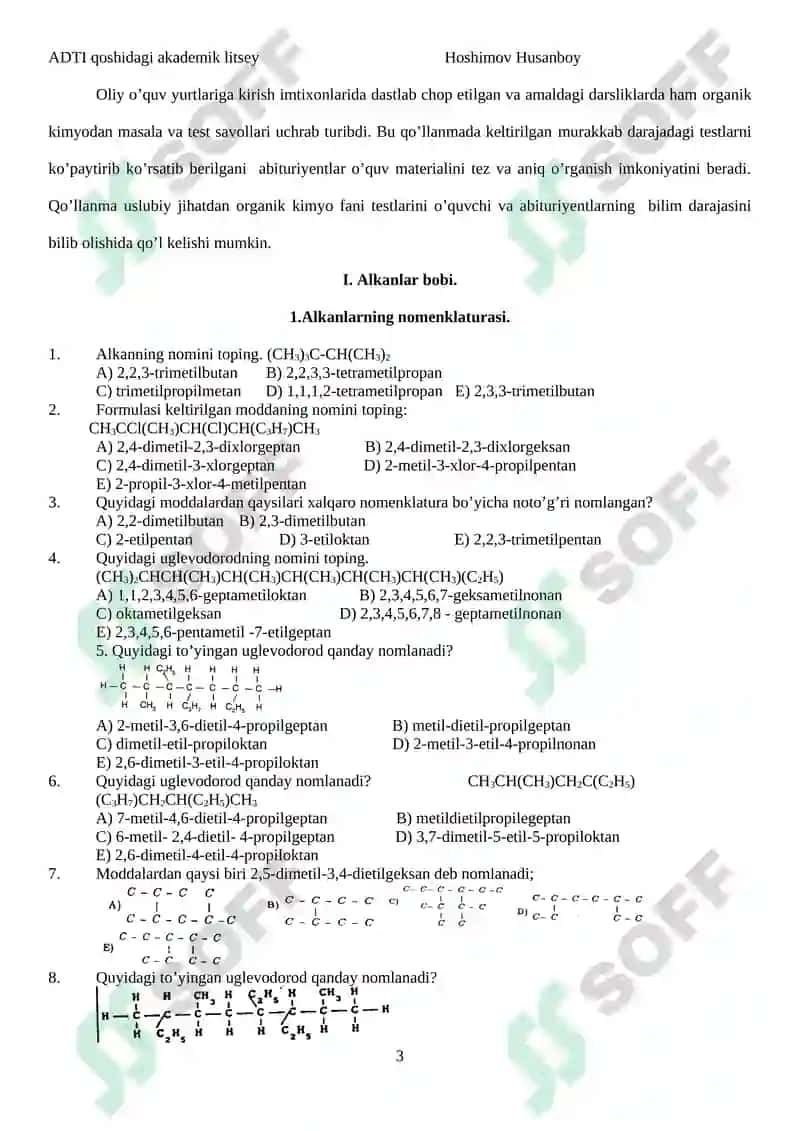 Oliy o’quv yurtlariga kiruvchilar uchun ORGANIK KIMYO mavzulashgan testlar 3