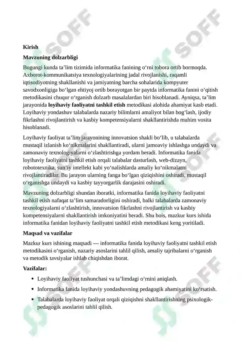 "Informatika fanidan loyihaviy faoliyatni tashkil etish metodikasi" mavzusida kurs ishi 3