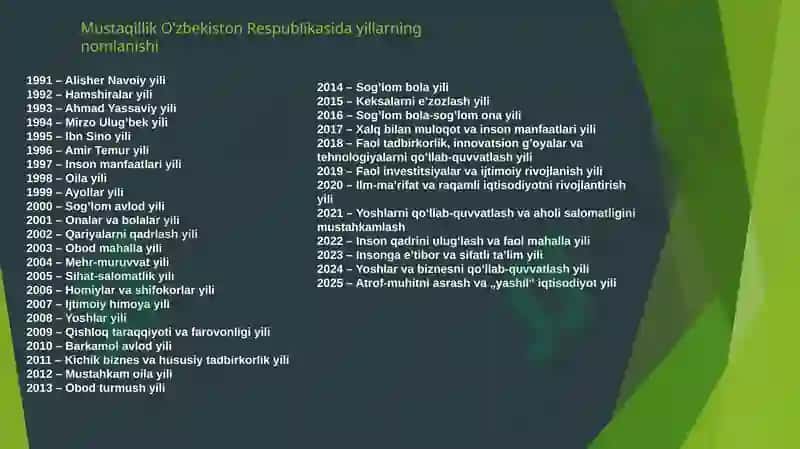 Mustaqillik O'zbekiston Respublikasida yillarning nomlanishi va amalga oshirilgan islohotlar 3