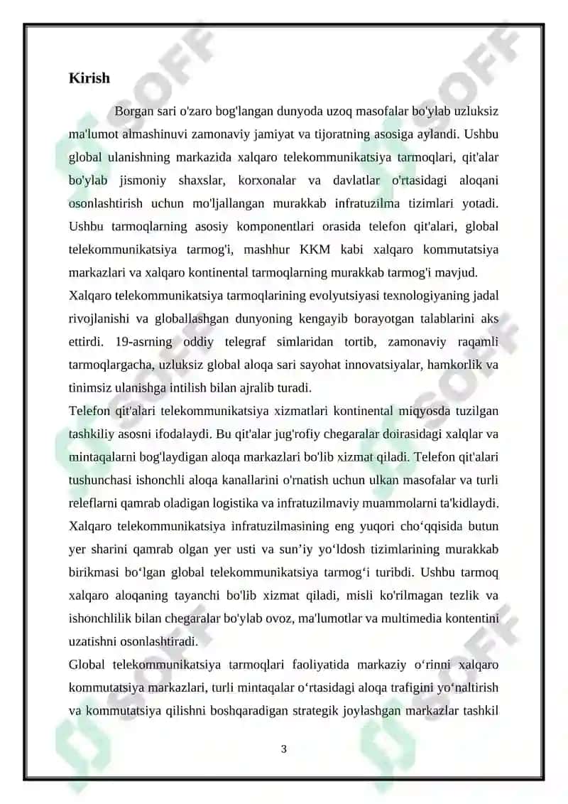XALQARO TARMOQLAR-TELEFON QIT’ALARI, JAHON TELEKOMMUNIKATSIYA TARMOG‘I, XALQARO KOMMUTATSIYA MARKAZI XKM, XALQARO KONTINENTAL TARMOQLAR 3