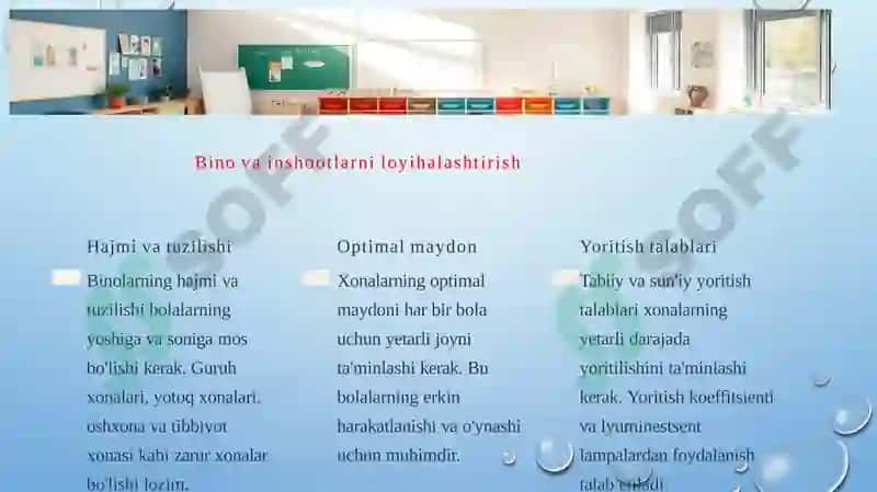 Bolalar muassasalarini loyihalashtirish, qurish va jihozlashga qo‘yilgan giyenik talablar 3