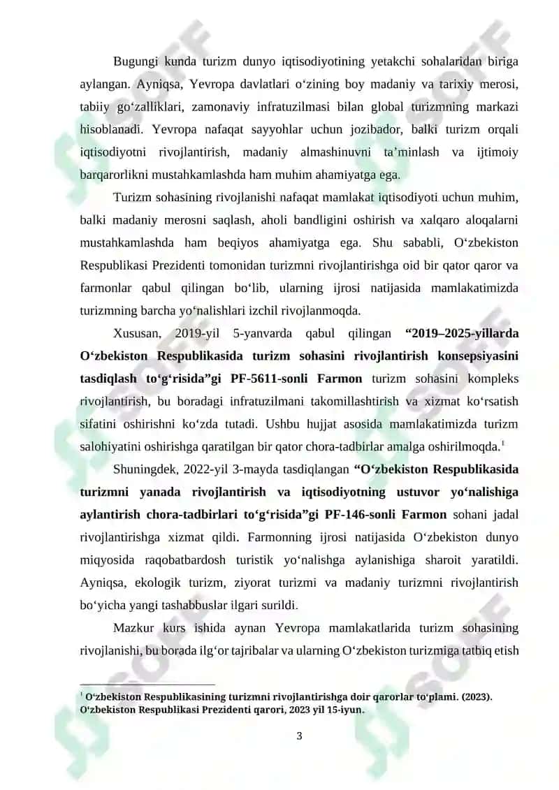 “YEVROPA TURIZMNING RIVOJLANISHI” mavzusida tayyorlangan KURS ISHI 3