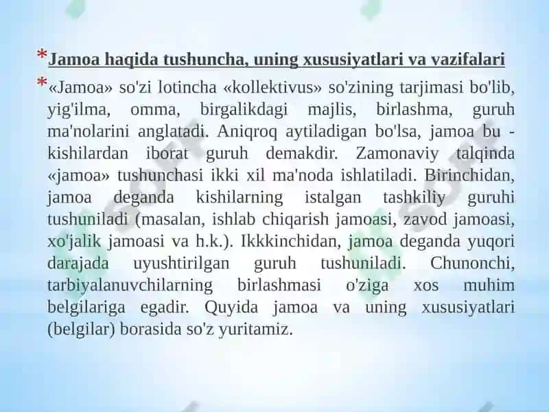 Jamoa tarbiya ob’yekti va sub’ekti sifatida.Tarbiyaningumumiymetodlari.Fuqarolik tarbiyasi. Mafkuraviy tarbiya 3