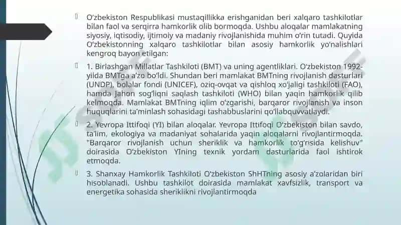 O‘zbekistonning xalqarotashkilotlar bilan hamkorlik aloqalari 3