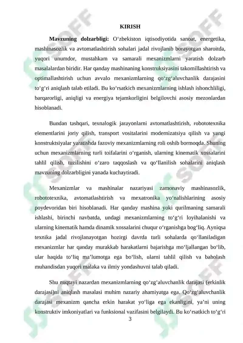 FAZOVIY VA TEKISLIKDA HARAKAT QILUVCHI MEXANIZMLARNING QO'ZG'ALUVCHANLIK DARAJASI, ULARNING KLASSIFIKATSIYASI 3