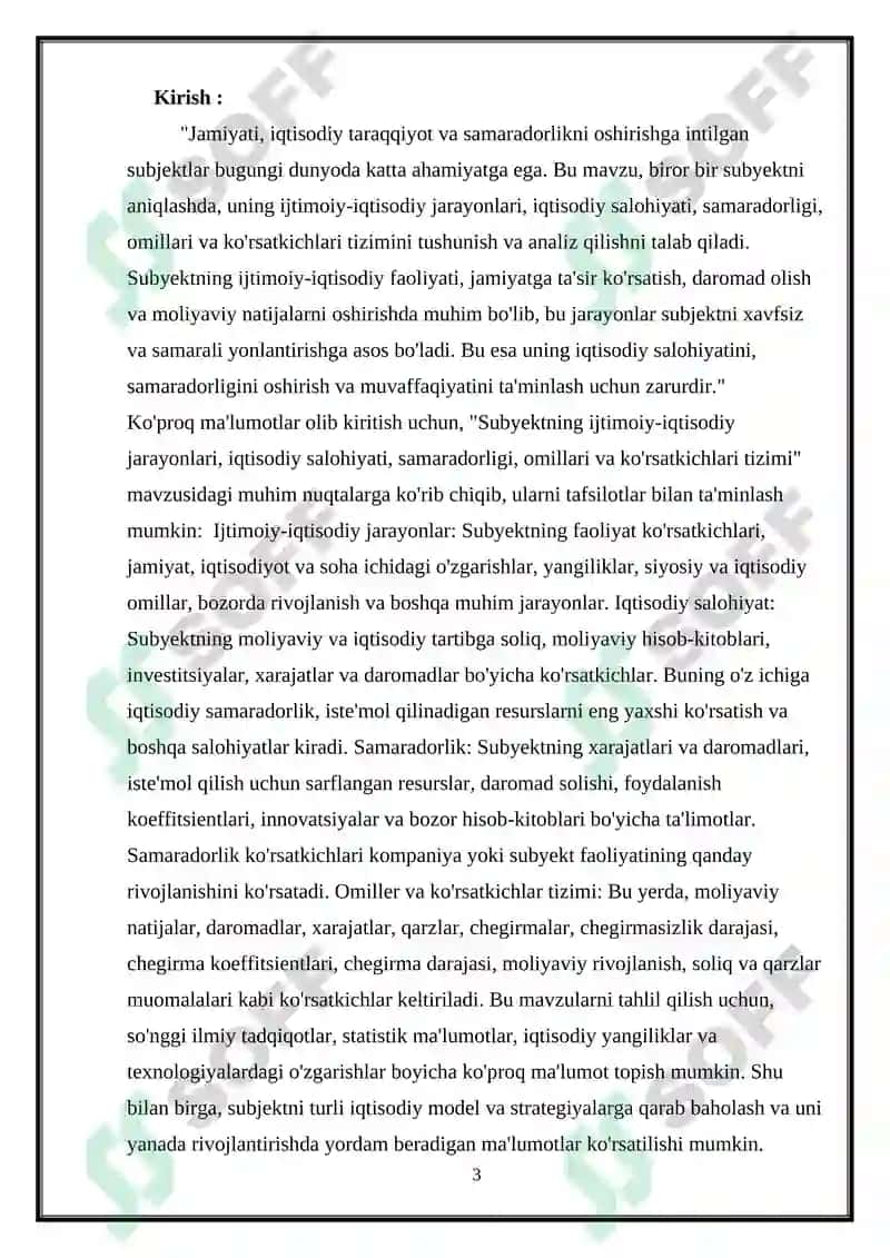 Subyektning ijtimoiy-iqtisodiy jarayonlari, iqtisodiy salohiyati, samaradorligi, omillari va koʻrsatkichlari tizimi REFERAT ISHI 3