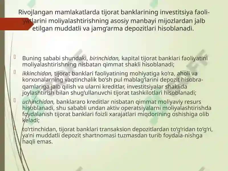 Banklarda investitsiya faoliyati tushunchasi, mazmuni va ahamiyati 3