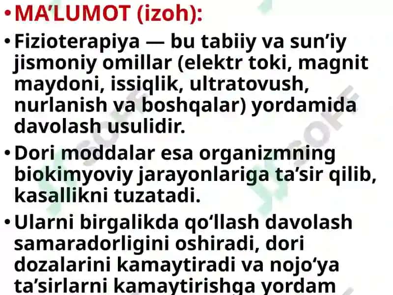 Fizioterapevik muolajalar va dori moddalarini birgalikda qo’llash 3