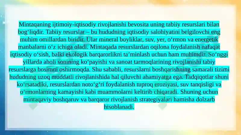 Mavzu: Mintaqaning tabiy resurslar holati 3