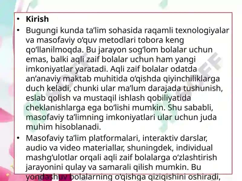 AQLI ZAIF BOLALAR BILAN MASOFAVIY TA’LIM IMKONIYATLARI 3