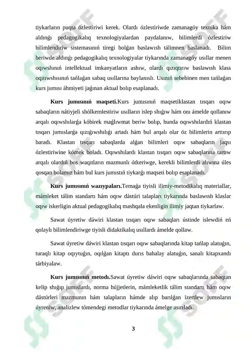 Sawat úyretiw dáwirinde klastan tıs jumıslar kurs jumısı 3