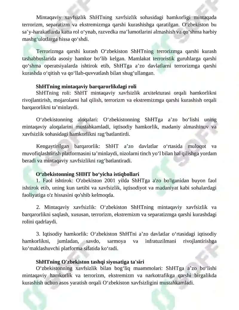 O'Zbekiston Respublikasining Shanxay Hamkorlik Tashkiloti (Shht) 3