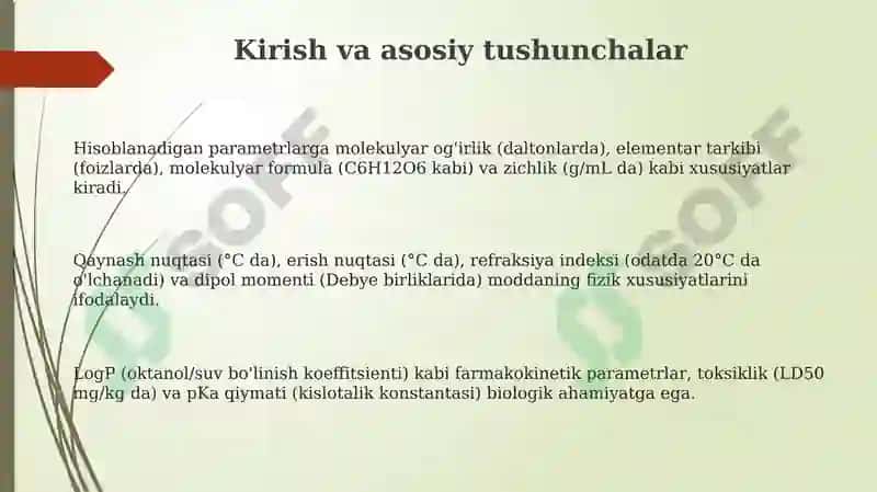 Kimyoviy birikmalarning hisoblash mumkin bo'lgan parametrlari 3