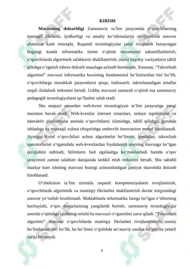 Umumiy orta talim maktablarining 6-sinfida Informatika va AT fanidan “Takrorlash algoritmi” mavzusini o‘qitishda web-kvestlardan foydalanish 3
